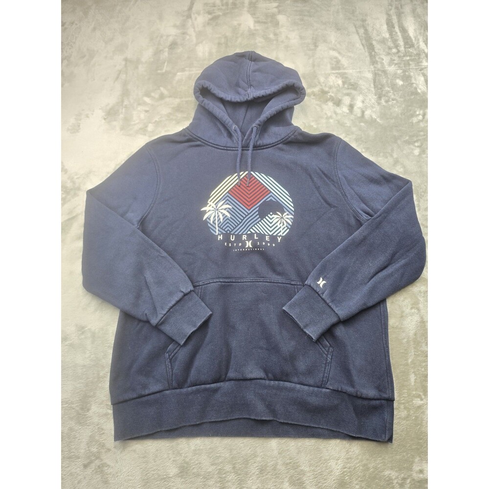 Hurley Sweater Men Large Hoodie Pullover Blue Graphic Cotton Fleece Logo Beach